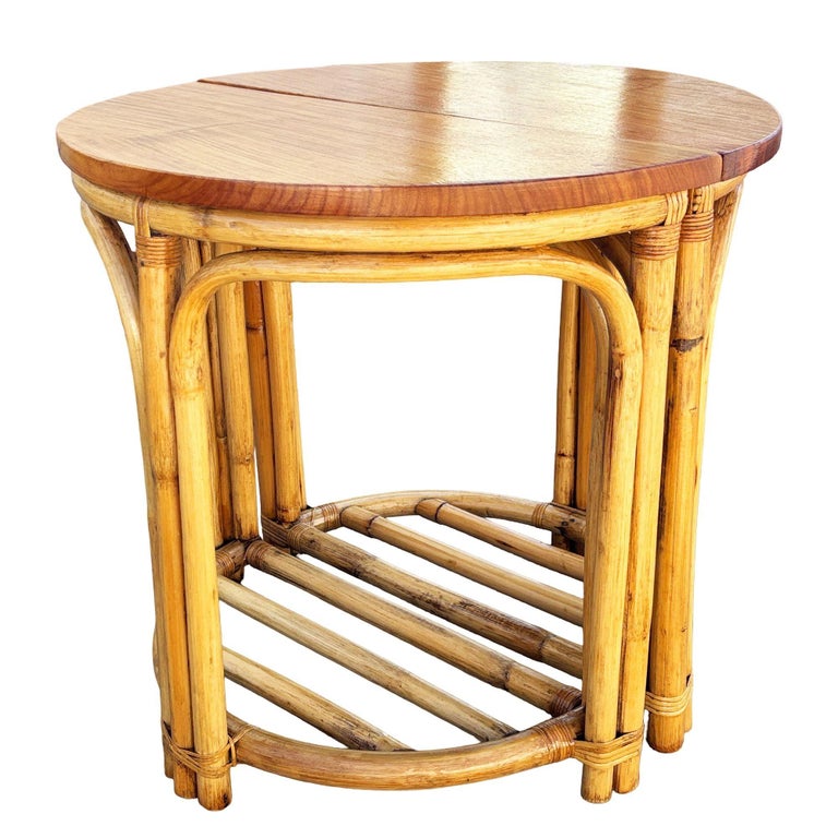 Restored Rattan and Mahogany Half Moon Side Tables with Storage Rack