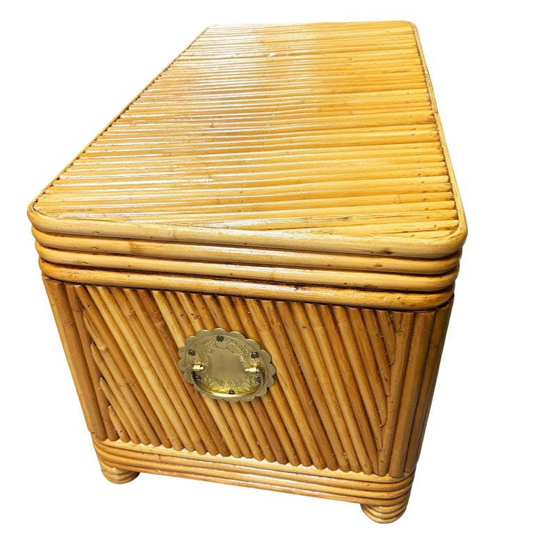 Restored Mid-century Split Reed Rattan & Pine Trunk w/ Brass Paktong Latch