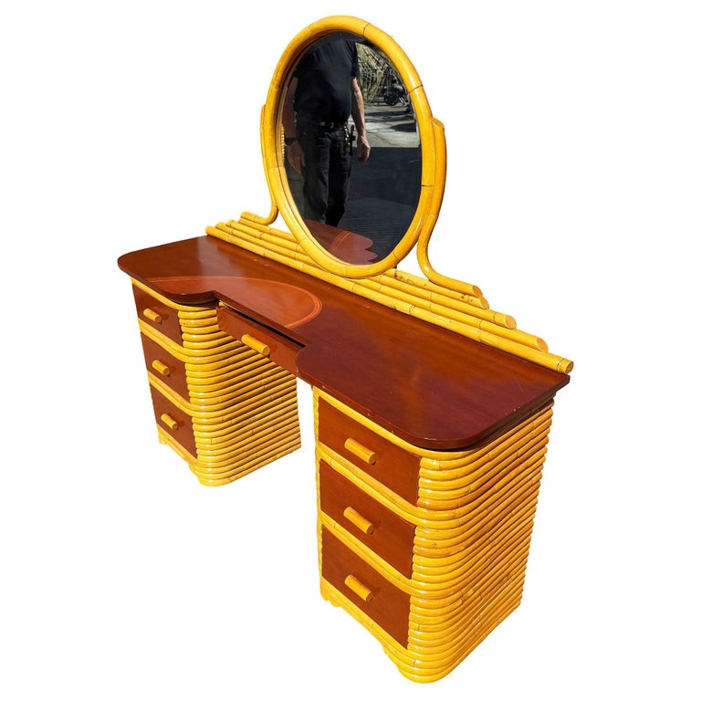 Restored Art Deco Frankl Style Stacked Rattan Vanity w/ Round Mirror & Stool
