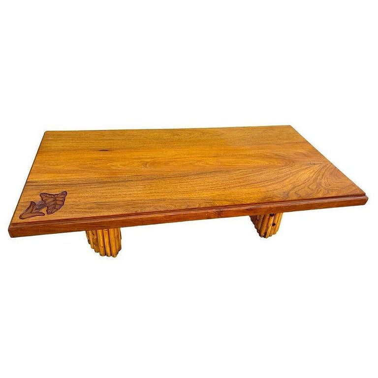 Mid-century Hand Carved Koa Wood Coffee Table w/ Stacked Rattan Legs