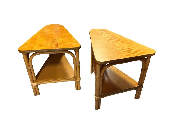 Restored MCM 2-Tiered Vertically Stacked Rattan Arched Wedge Table, Pair