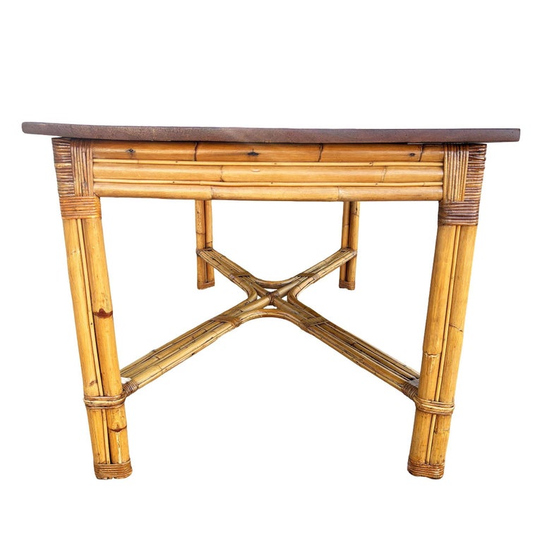 Restored Mid-century X-Pattern Coastal Rattan Dining Table w/ Mahogany Top