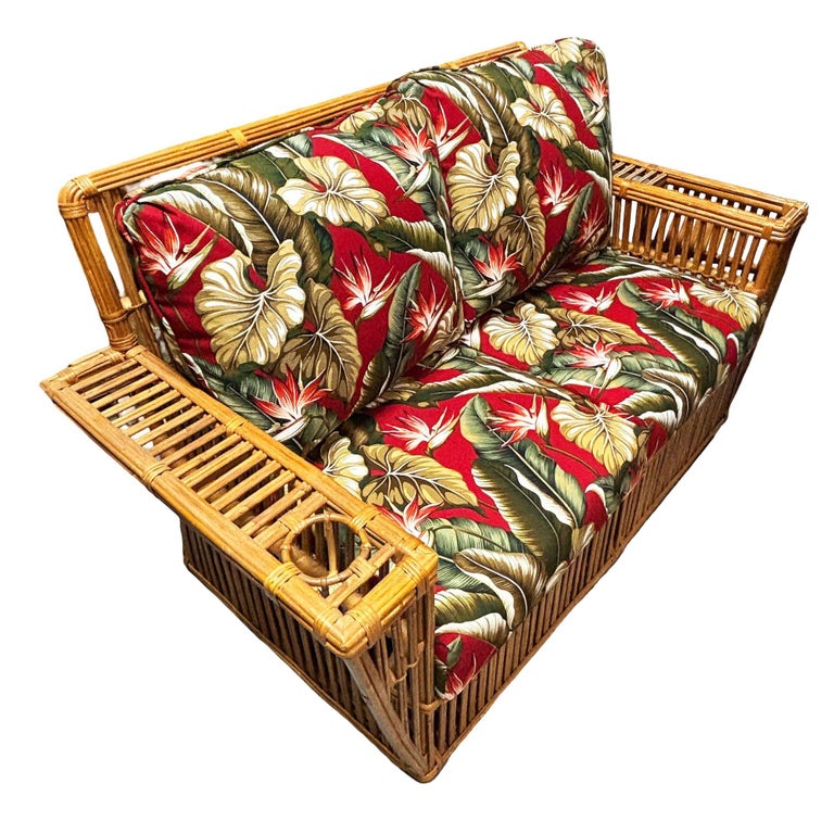 Deco Style "Presidents" Stick Reed Rattan Nantucket 3-Seat Sofa, Floral Cushions