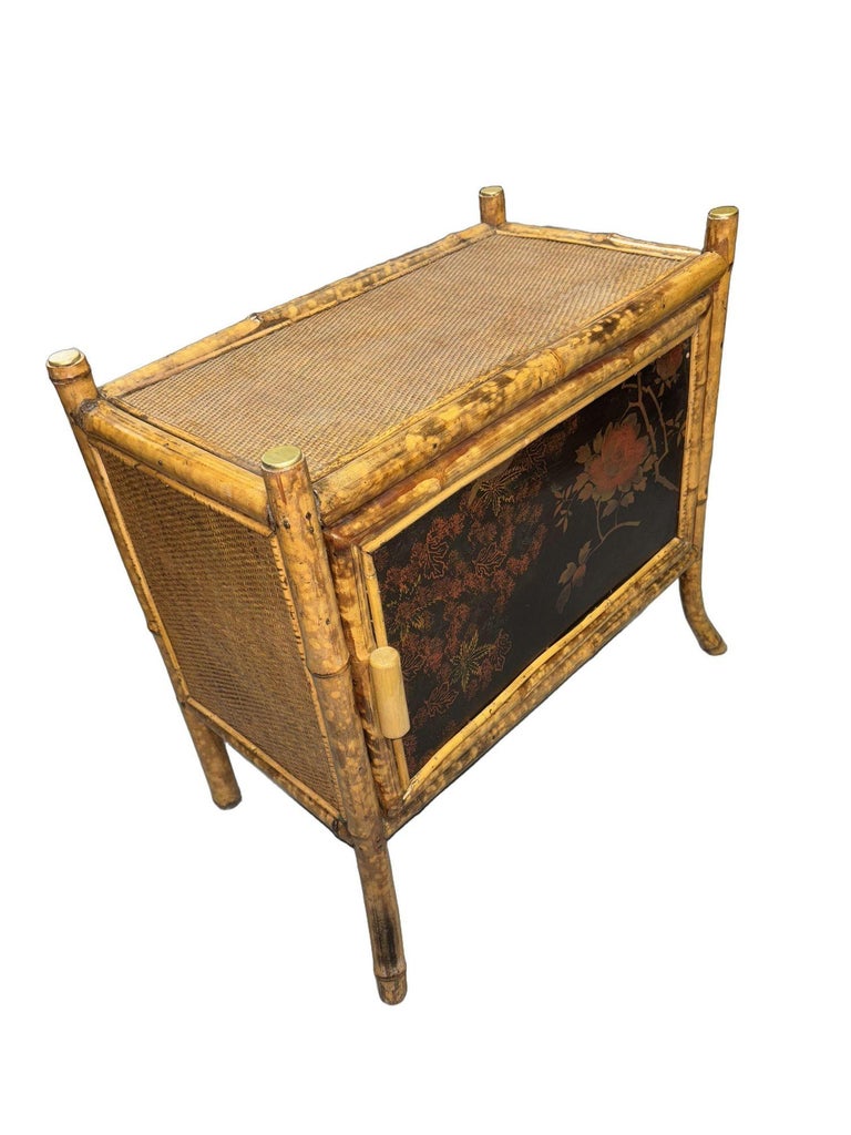 Victorian Chinoiserie Tiger Bamboo Nightstand with Hand-Painted Lacquer Front