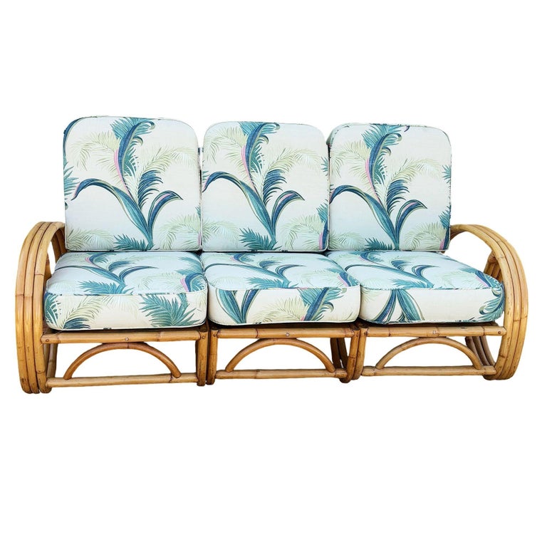 Restored Mid-Century 3-strand 3/4 Round Pretzel Arm Rattan Sectional 3-Seat Sofa