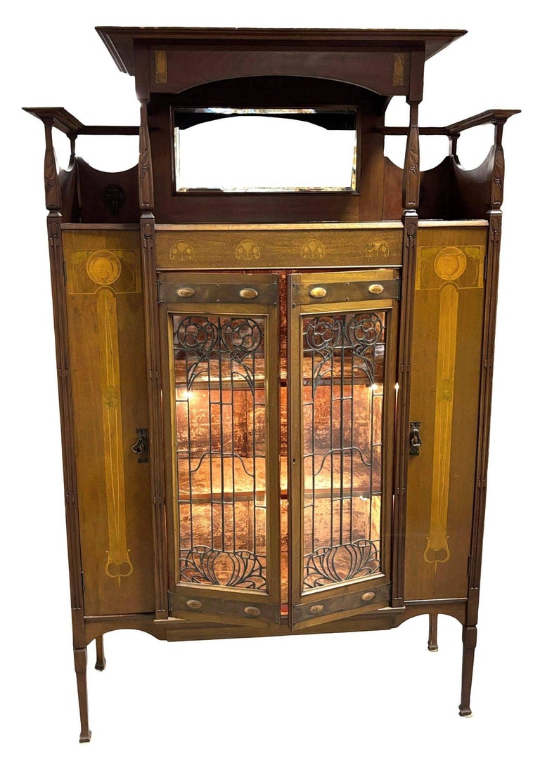 Antique Art Nouveau Mahogany and Floral Marquetry Display Cabinet