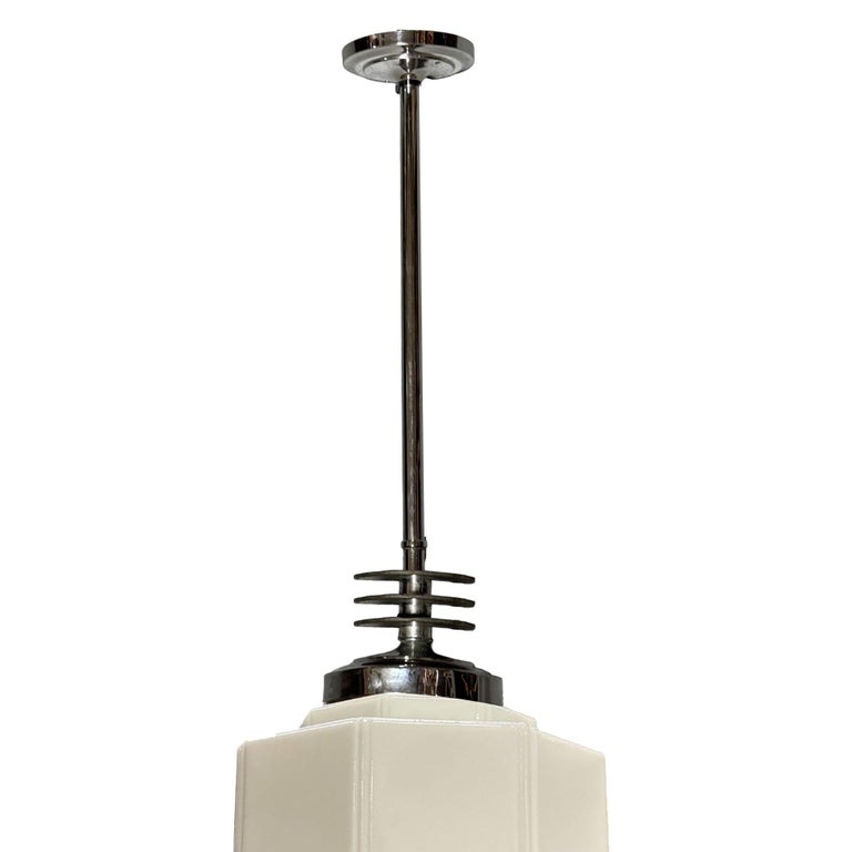 Art Deco Chrome Streamline Pendant Light w/ Stepped Milk Glass Shade