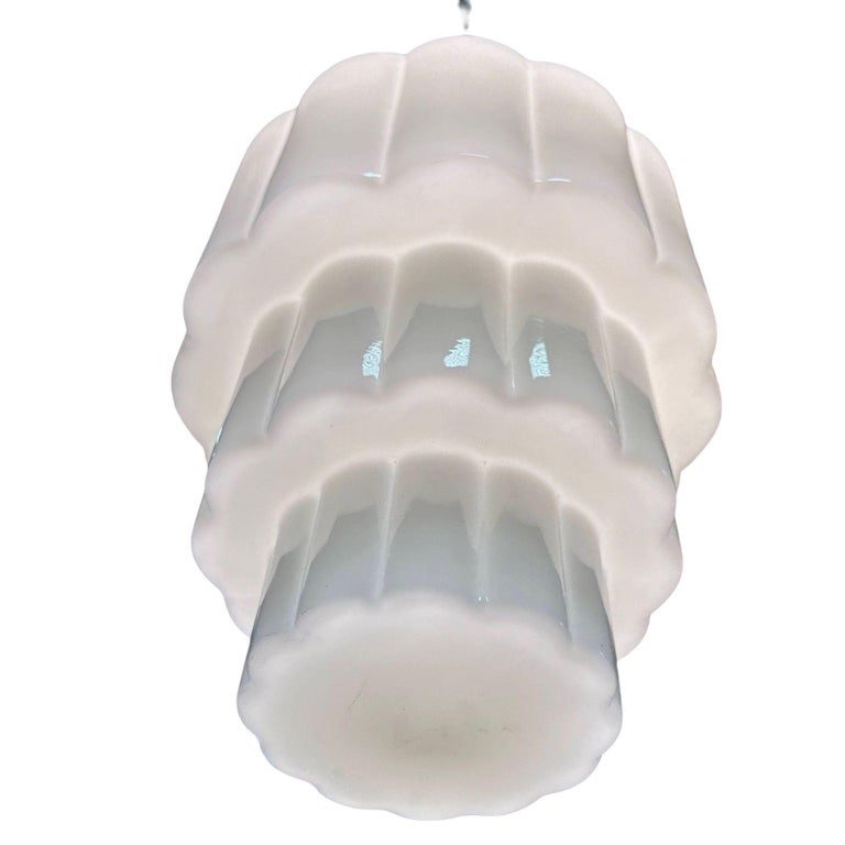 Art Deco Chrome Streamline Pendant Light w/ Stepped Milk Glass Skyscraper Shade