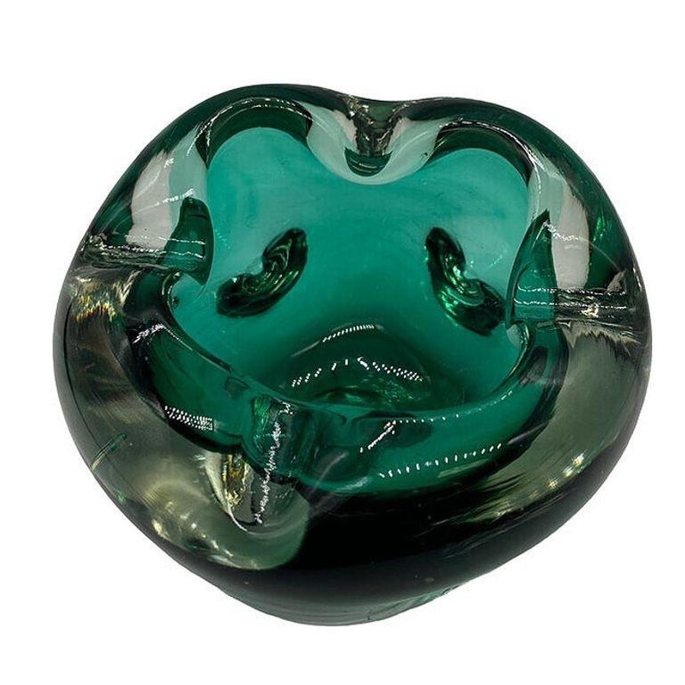 Hand Blown Emerald Green Murano Weighted Cased Art Glass Ashtray