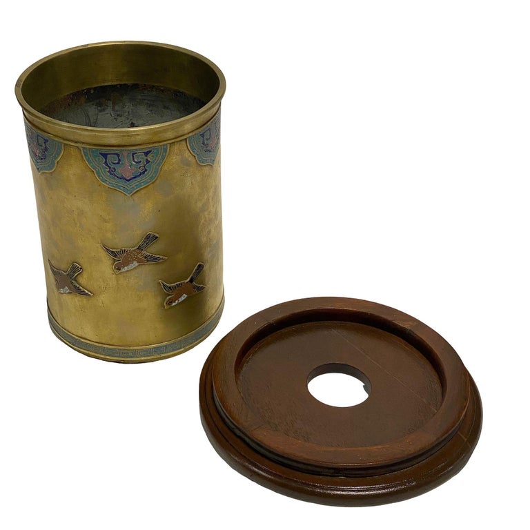 Chinese Floral Bronze Cloisonne Enamel Cylinder Vase w/ Wood Base