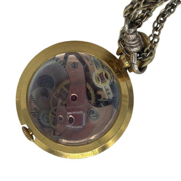French Gold Bubble Pendant Watch w/ Skeleton View by Avril w/ 14K Gold Chain