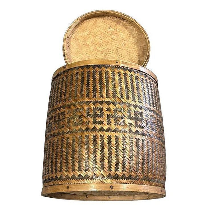 Tall Traditional Thai Hand Woven Wicker Rice Storage Basket w/ Lid