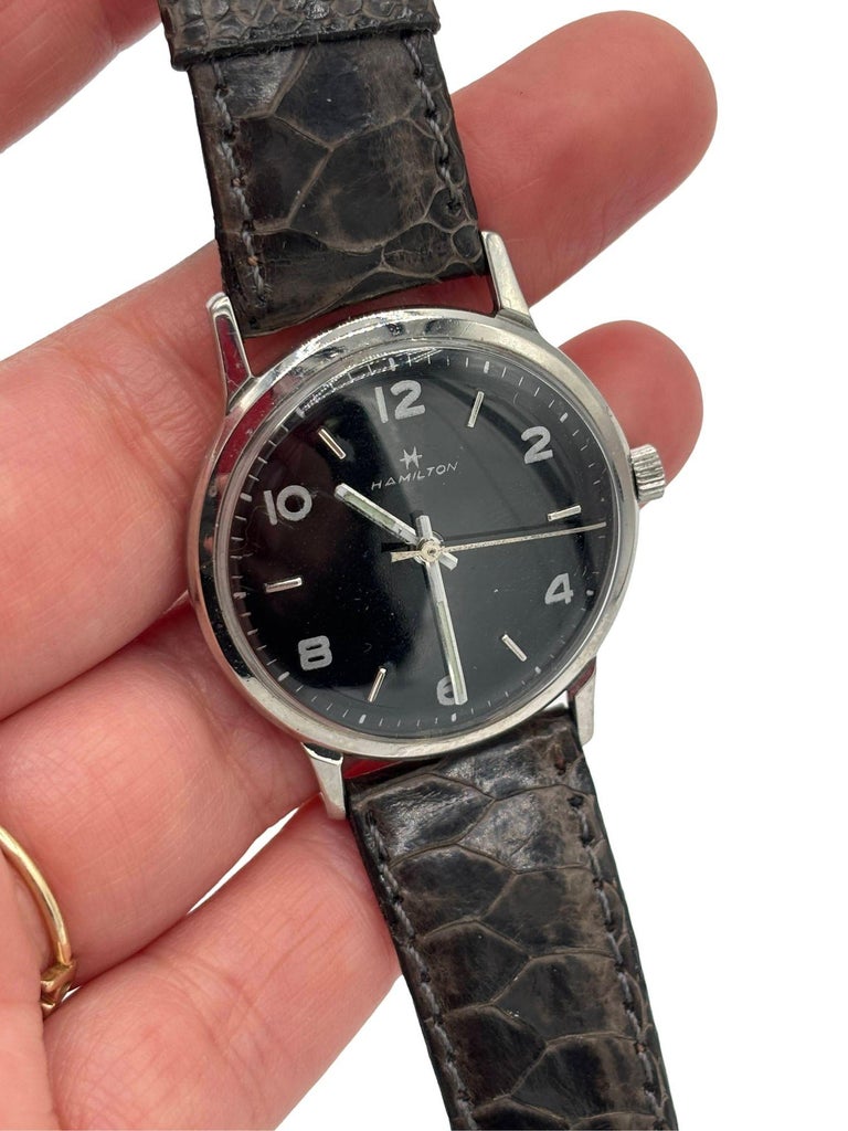 1950 Hamilton Thin-O-Matic Wristwatch w/ Black Dial on Leather Band