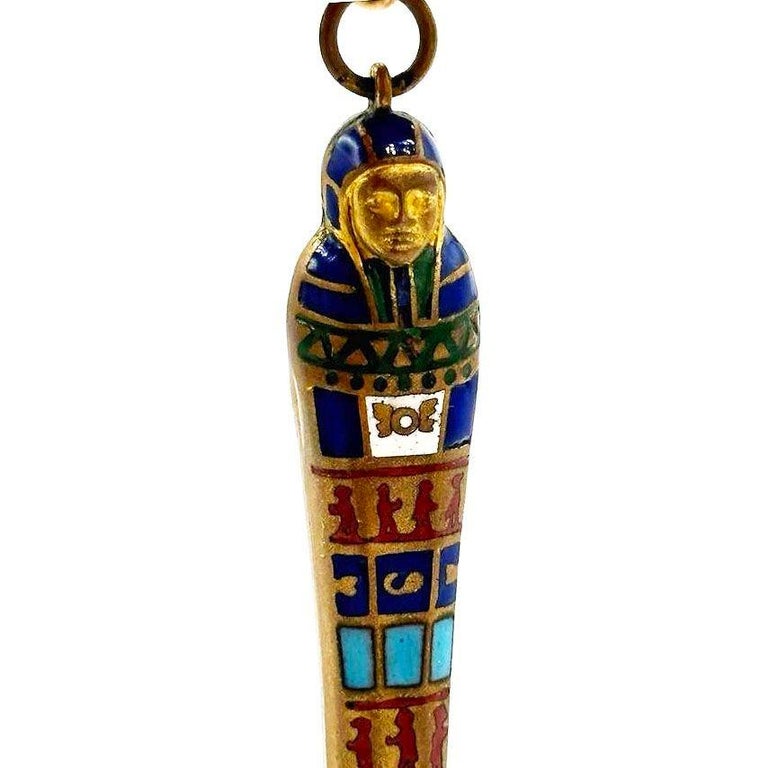 Egyptian Revival Pharaoh Sarcophagus Gilt & Enamel Retractable Pencil Pendant
