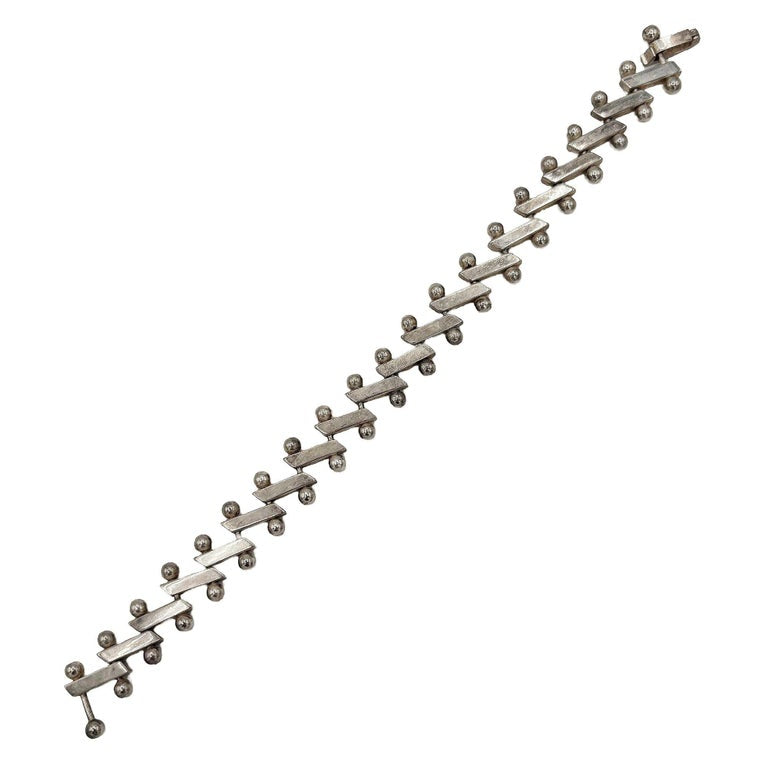 Mid-Century Heavy 925 Sterling Silver "Zig-Zag" Nuts Balls Links Bar Bracelet
