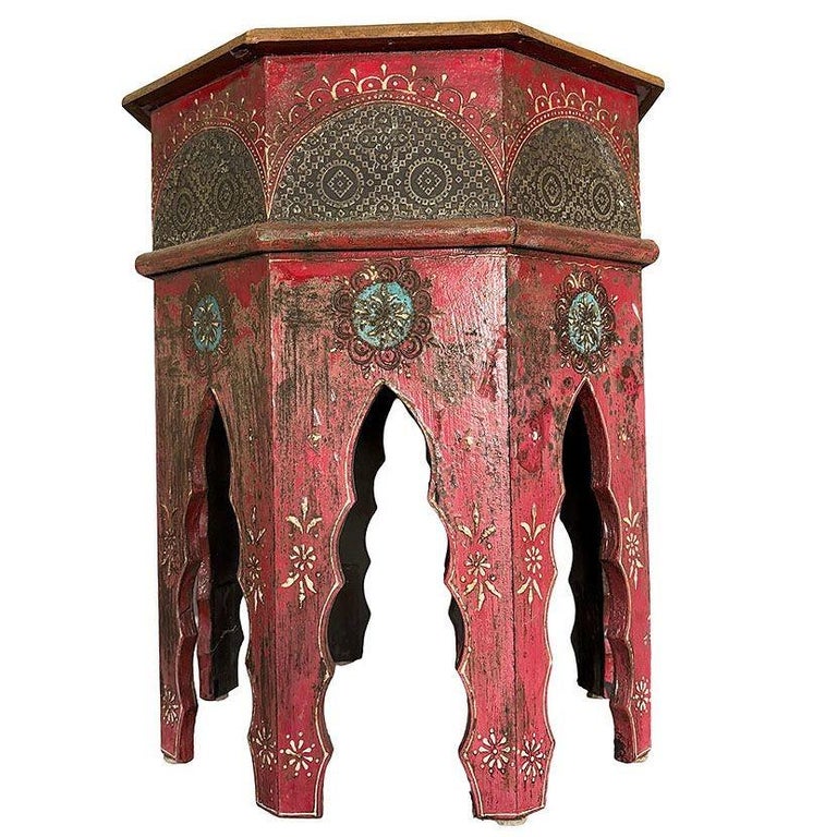 Hand Painted Moroccan Hexagon Wooden Boho Side Table w/ Brass Inlays