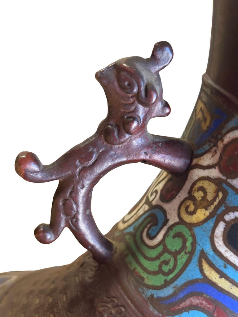 1910 Meiji Period Japanese Cloisonné Lamp with Wrought Iron and Enamel Shade