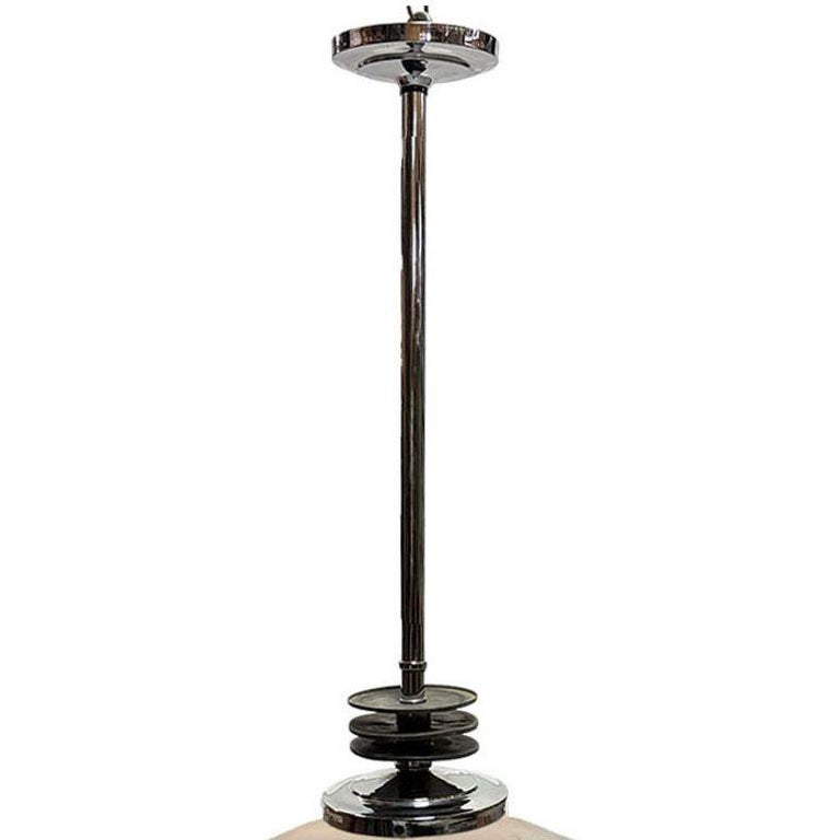 Art Deco Chrome Streamline Pendant Light w/ Opal Schoolhouse Globe