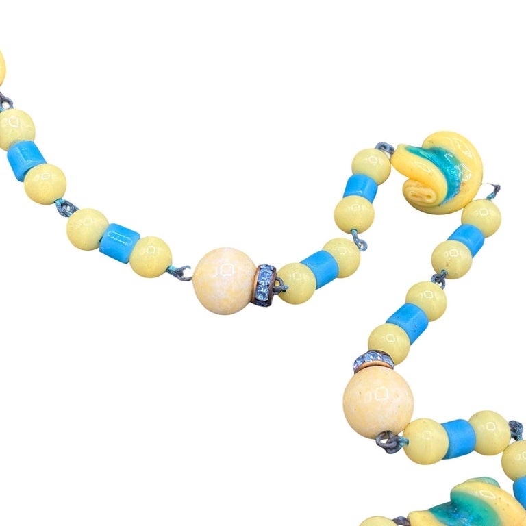 Czechoslovakian Art Deco Yellow White & Blue Bohemian Art Glass Bead Necklace