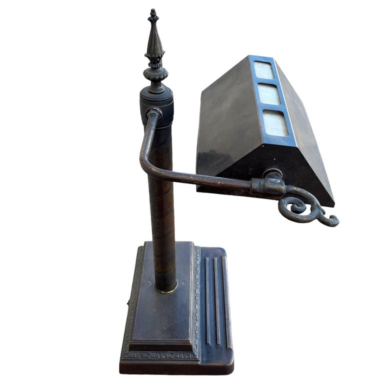 Arts & Crafts Mission Bronze Wash Brass Desk Lamp w/ Clerestory Glass Insets