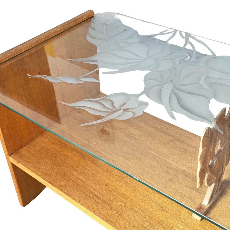 Restored Hand Carved Hawaiian Koa Wood 2 Tiered Coffee Table w/ Glass Table