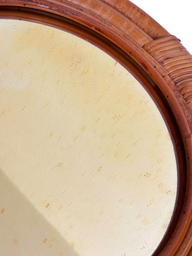 Restored Mid-century 12" Four-Strand Tropical Rattan & Wicker Round Wall Mirror