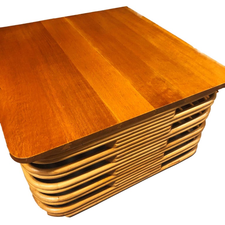 Restored Stacked Rattan Cocktail Coffee Table w/ Mahogany Top