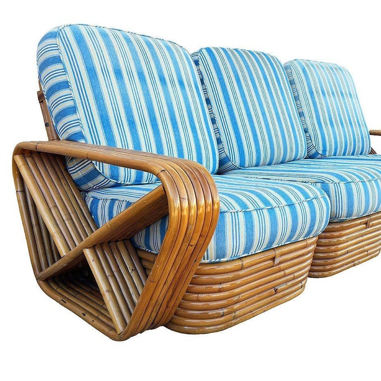 Restored MCM Rattan Six Strand Square Pretzel Table & Seating Livingroom Set