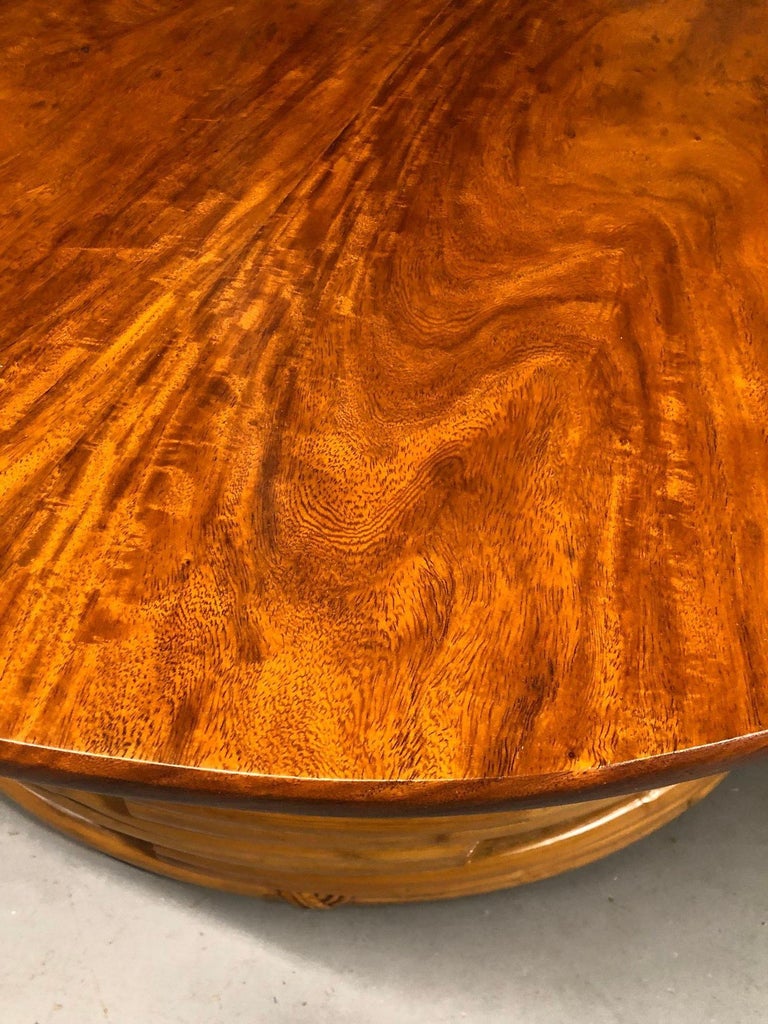 Restored Round Rattan Coffee Table with Mahogany Top