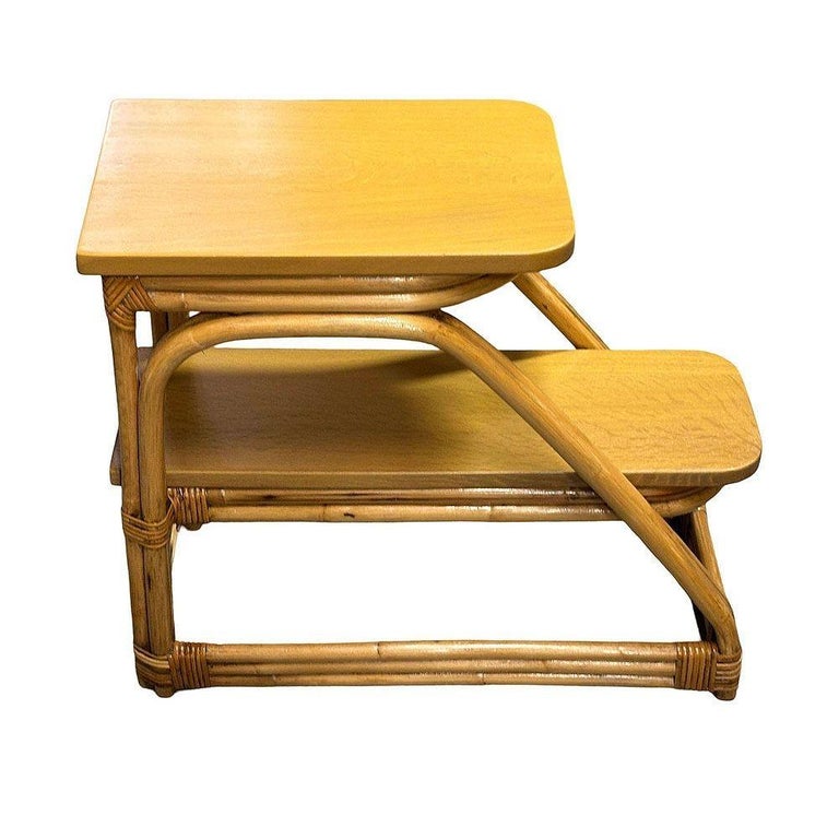 Restored Mid-Century Double-Strand Arched 2-Tiered Rattan & Oak Side Table, Pair