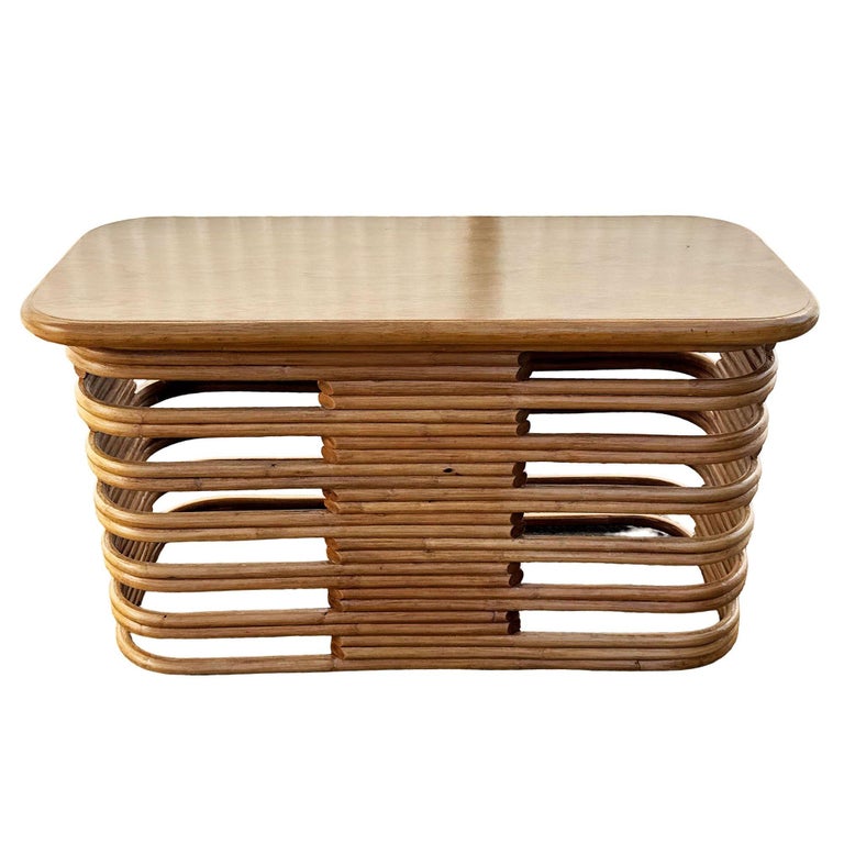 Restored Mid-century Mid-Century Stacked Rattan Side Drinks Table W/ Mahogany