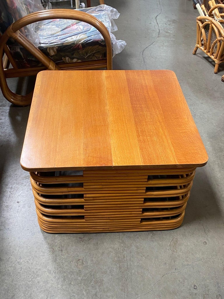 Restored Tall Stacked Rattan Coffee Table with Mahogany Top