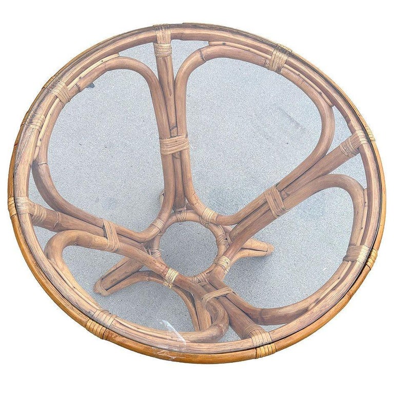 Restored MCM Modernist Rattan Hourglass Round End Table w/ Glass Top