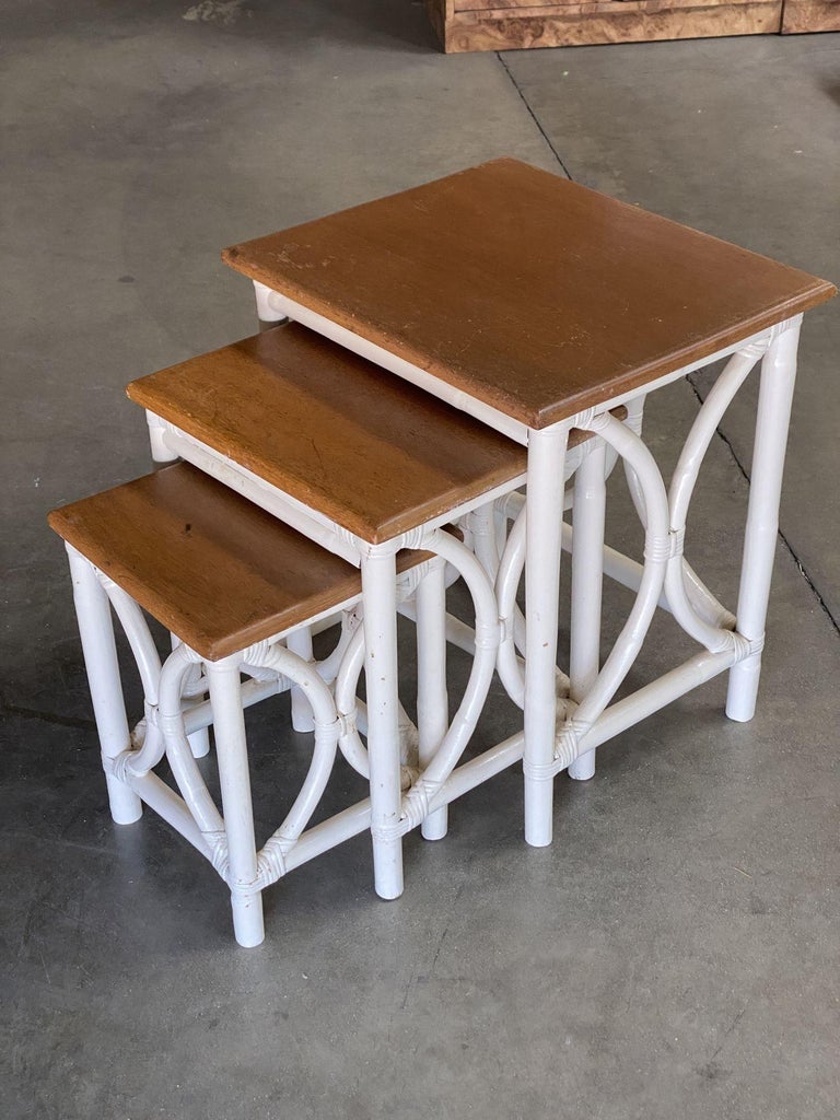 Mid-Century Set of 3 Whited Rattan Nesting Side Tables w/ Mahogany Top