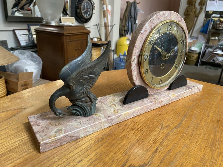 French Art Deco UCRA Bronze Swan Marble Mantle Garniture Clock Set by Marefbay