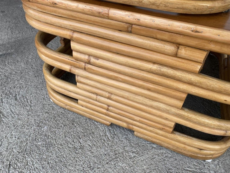 Restored Stacked Two-Tier Rattan Corner Side Table