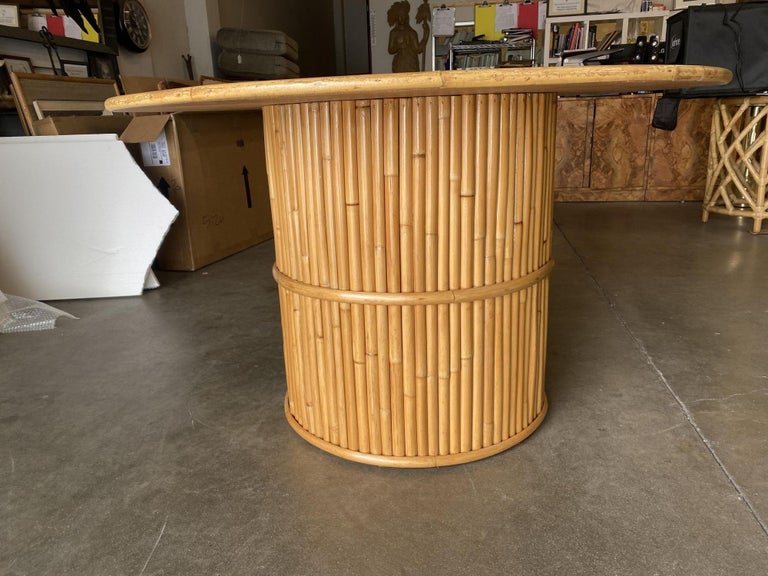 Restored Round Stacked Rattan Pedestal Dining Table Mahogany Top
