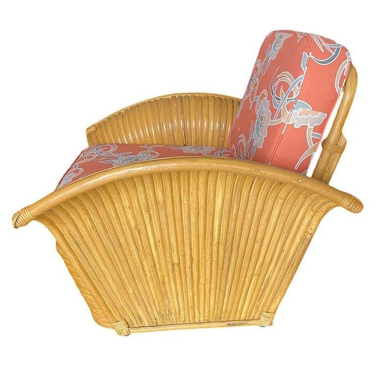 Restored Pair of "Golden Girls" Art Deco Rattan Fan Arm Lounge Chairs