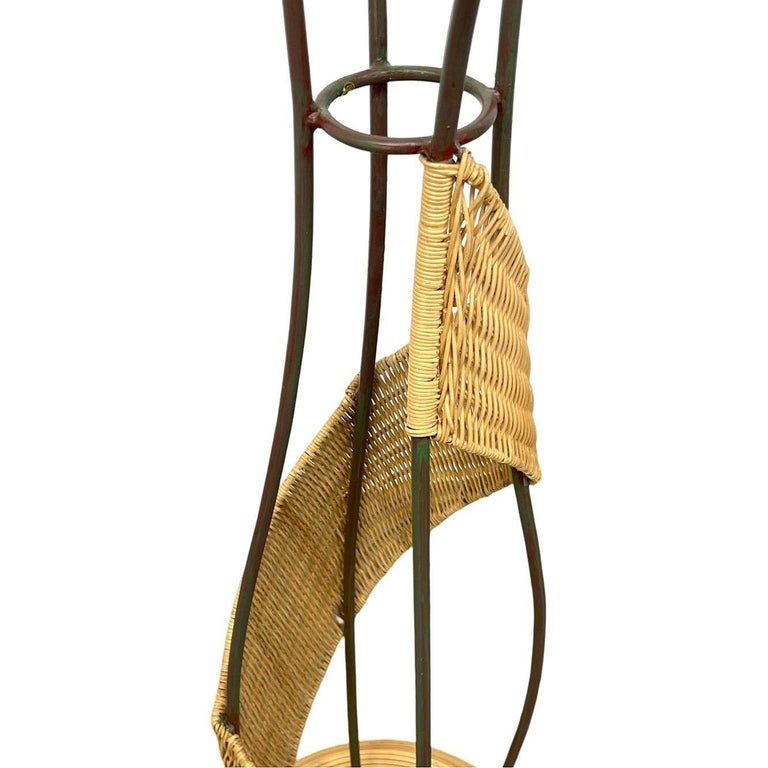 Mid-Century Woven Wicker & Iron Sculptural Coat Rack w/ Reed Pencil Rattan Base