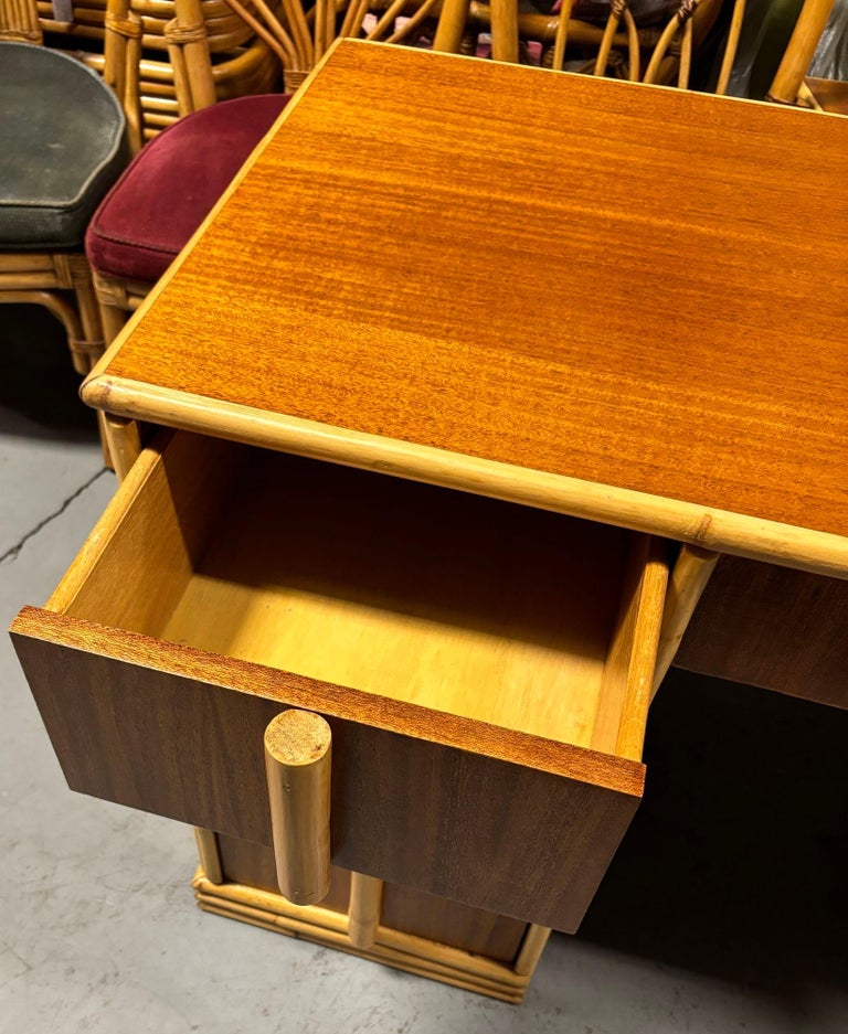 Streamline Mahogany and Rattan Writing Desk with Rattan Pulls & Shelf