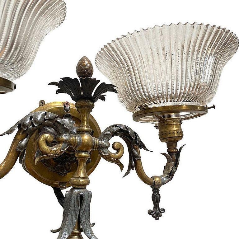 Electrified Late Victorian Baroque Brass Gas Sconces w/ Shade, Pair