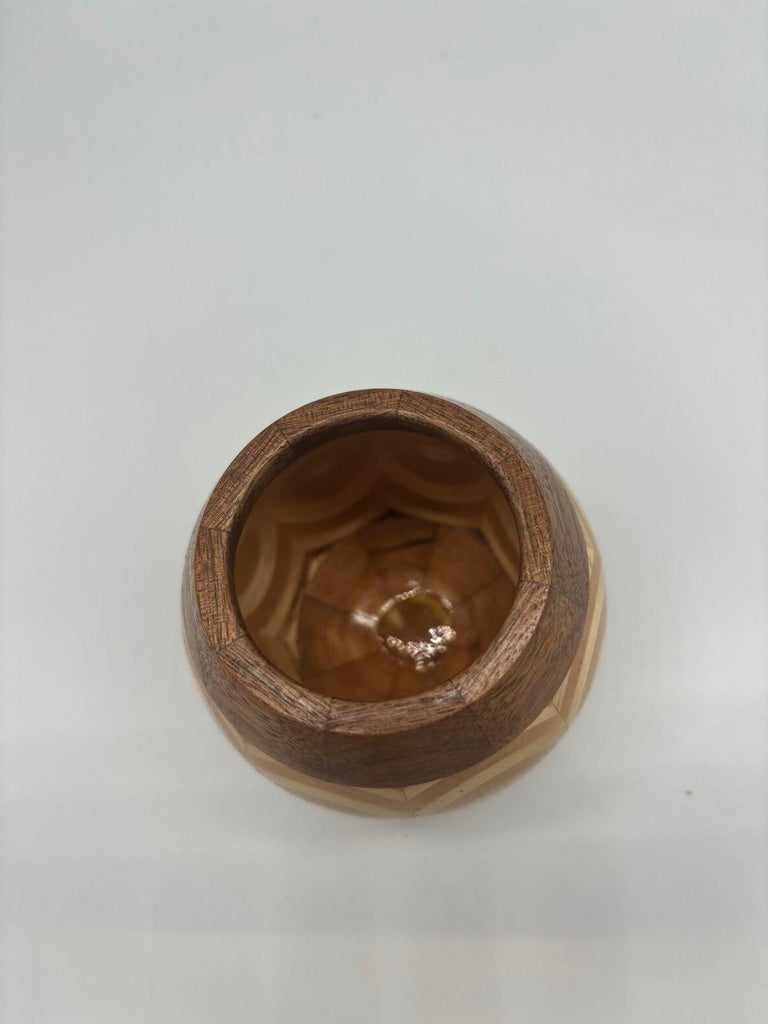 Hand Carved Marquetry Inlay Pear Shaped Vessel with Lid