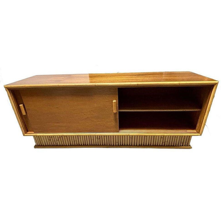 Restored Frankl Style Rattan & Mahogany Credenza TV Stand W/ Stacked Rattan Base