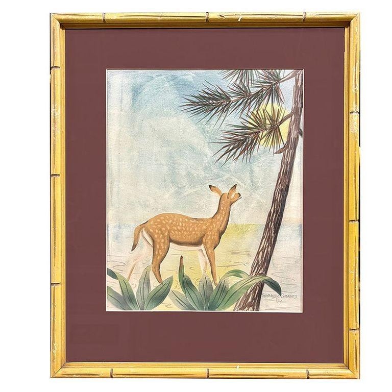 Deer Scenic Watercolor on Paper Signed by Shirrell Graves in Bamboo Frame, Pair