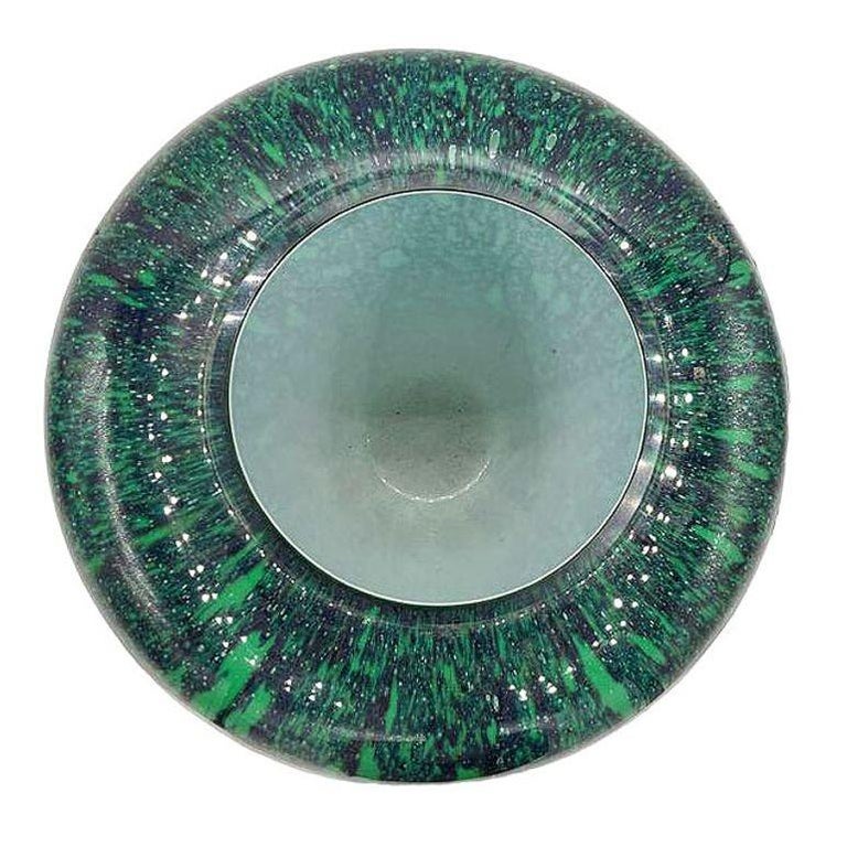 Large Hand-Blown Blue & Emerald Marbled Leaded Art Glass Vase, Unisgned