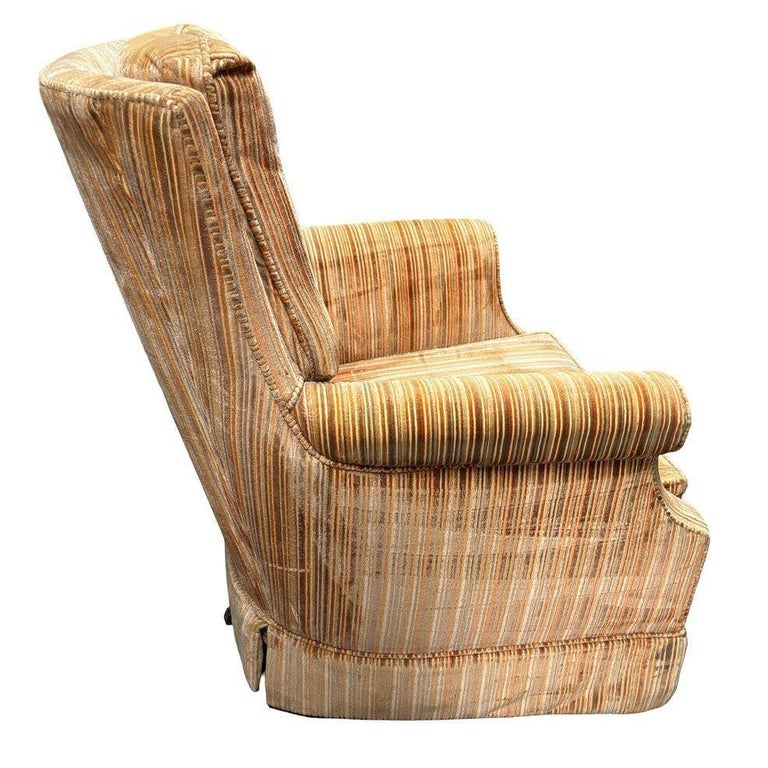 1970 Tuffted Velvet Gold Green Striped Swivel Arm Chair