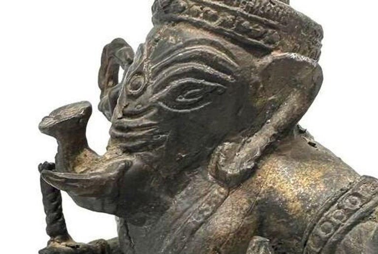 Antique Bronze Ganesha Seated Meditation Four Hands Hindu Ganapati Sculpture