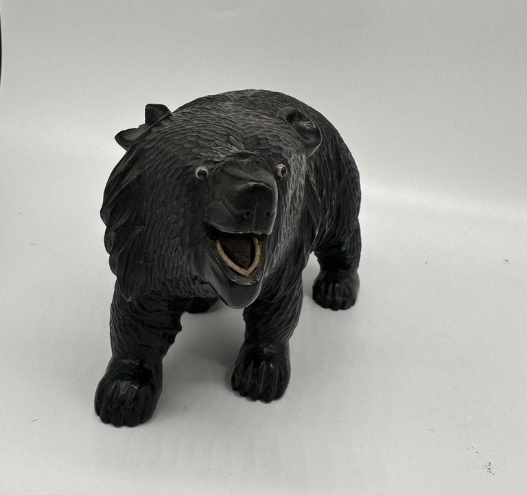 Ainun Black Bear Hand Carved Wood Sculpture with Glass Eyes