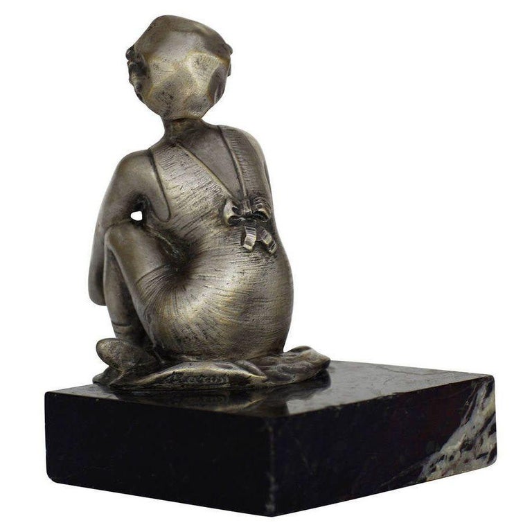 Art Deco Nickel Plate Smoking Flapper on Marble Base