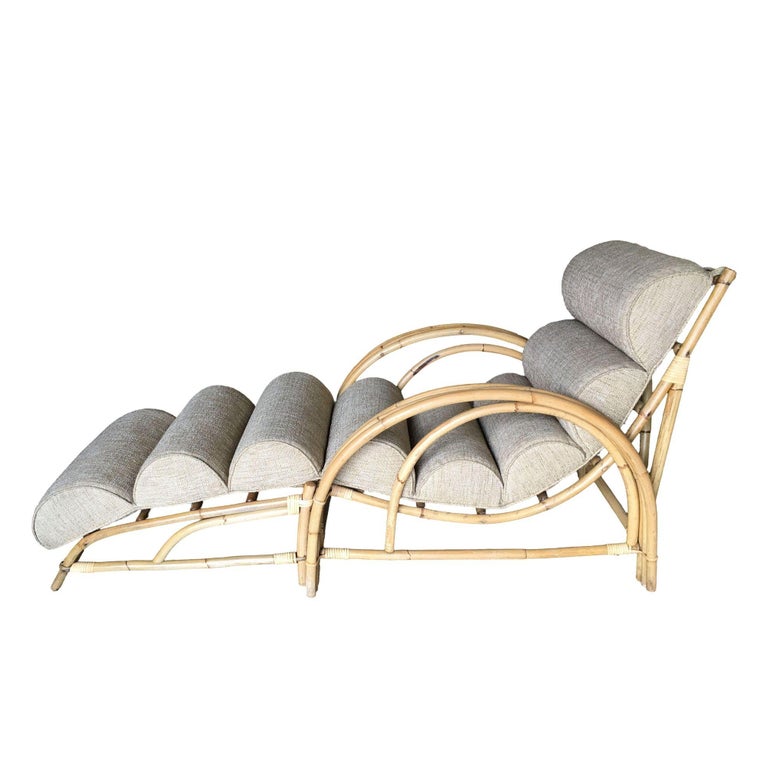 Restored 1938 Three-Strand "Double-Loop" Rattan Chaise Lounge w/ Ottoman